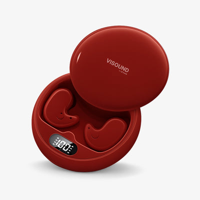 Product photo of a vibrant red VISOUND by Viomi earbud charging case, open to reveal two matching earbuds, featuring a digital display showing 100% charge and a wireless signal icon on a clean white background