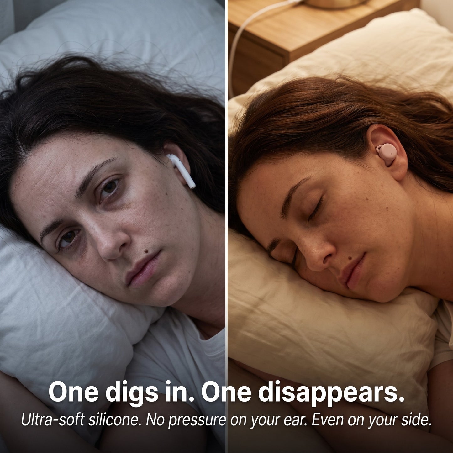 ViSound™ Hush sleep earbuds shown on a woman sleeping comfortably, contrasting with another woman looking uncomfortable with a standard earbud.