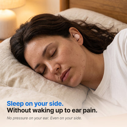 ViSound™ Hush sleep earbuds worn by a woman sleeping on her side in a cozy bedroom setting.