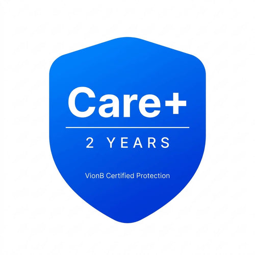 Blue shield icon with white text reading Care+ 2 YEARS VionB Certified Protection.