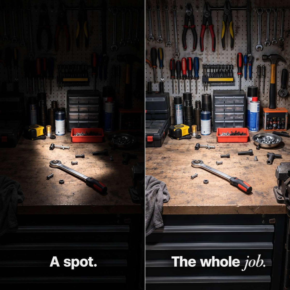 A narrow spot of light on a workbench next to the same bench fully lit