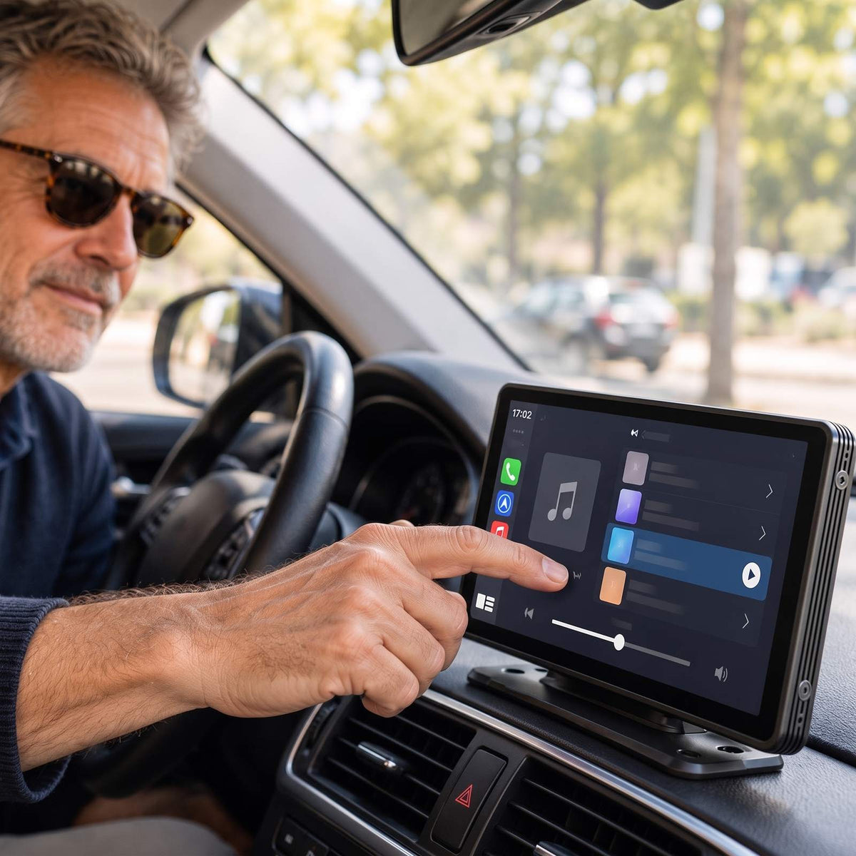 Man tapping ViDrive to pick a song while parked
