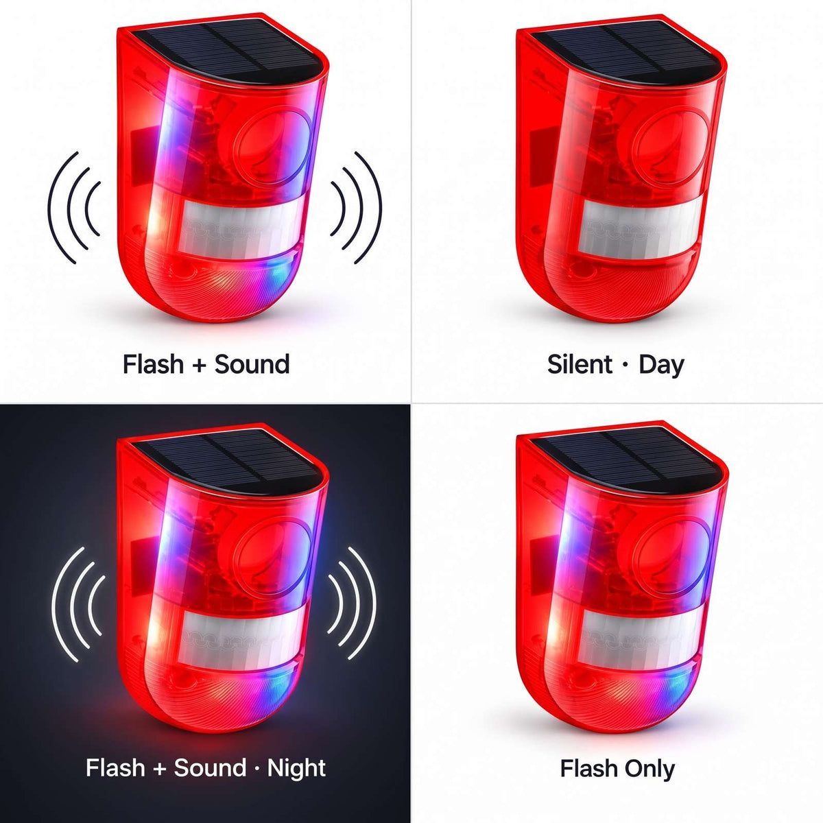 The four modes: flash and sound, silent day, flash and sound at night, flash only